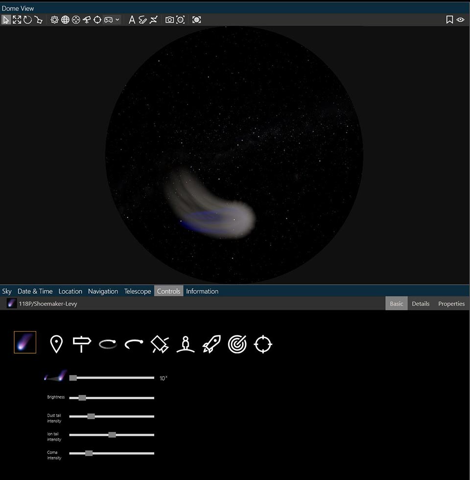 Digistar 7 user interface for comets