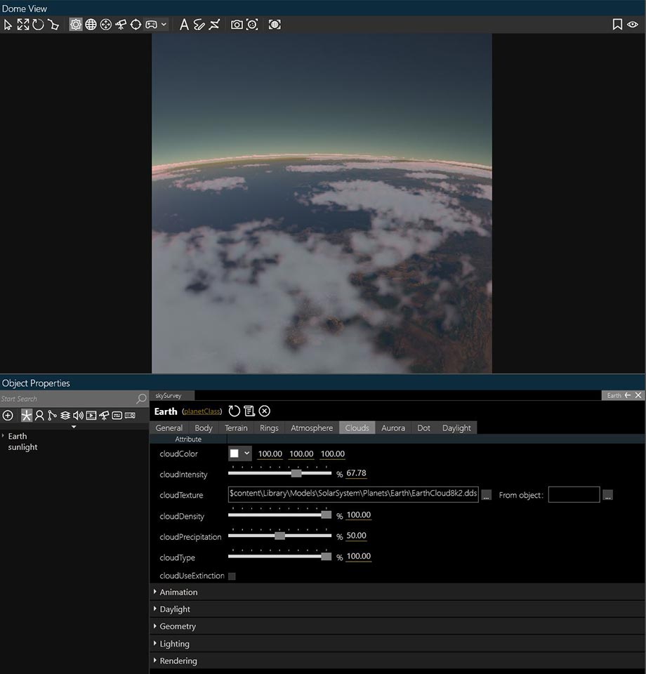 Volumetric Clouds user interface in Digistar 7